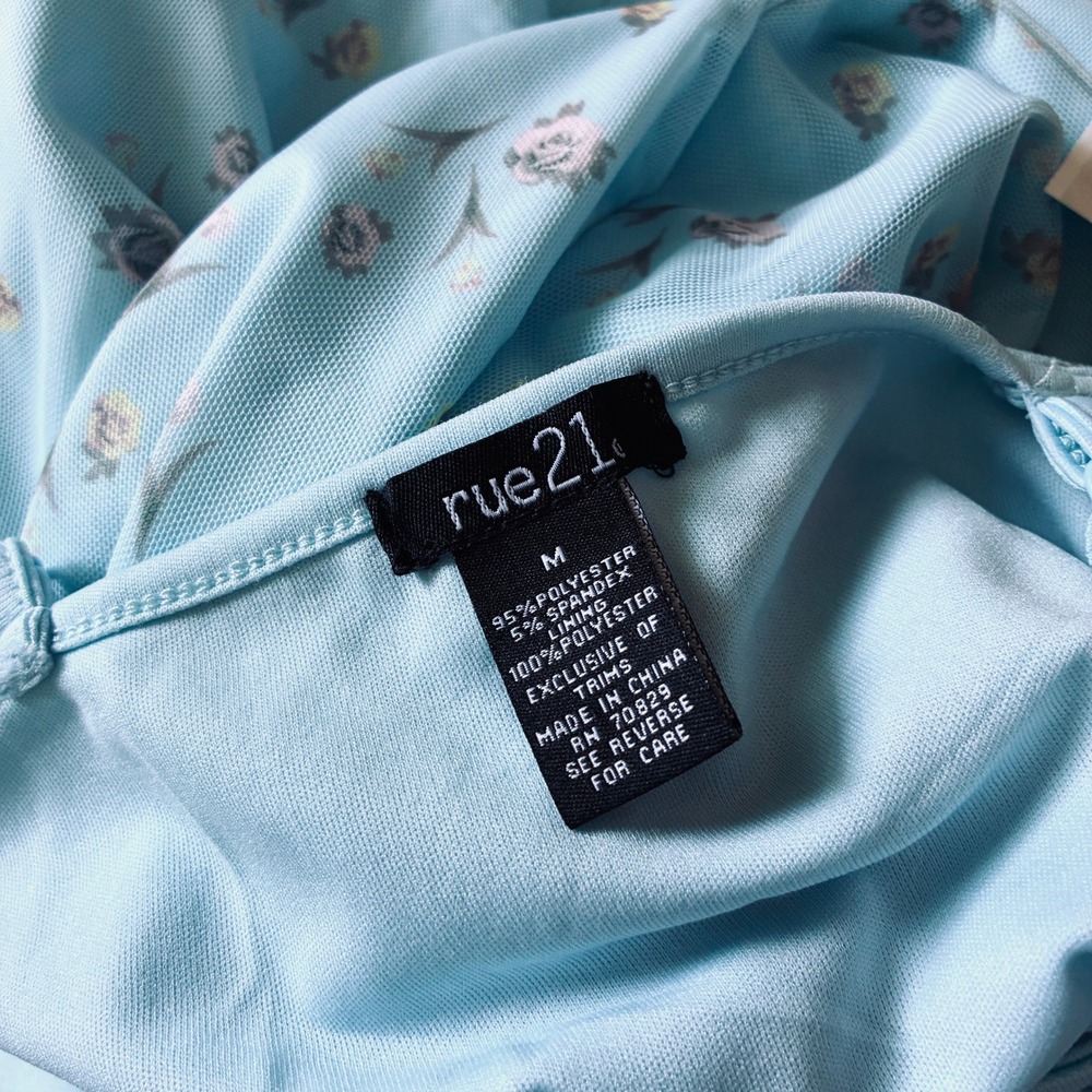 Pale Blue Floral Mini Slip Dress, Rose Print Mesh Overlay, Medium - Picture 7 of 8